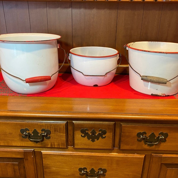 Vintage White and Red Enamelware Pails Buckets Cheery Cherry Early Mid-Century You Choose