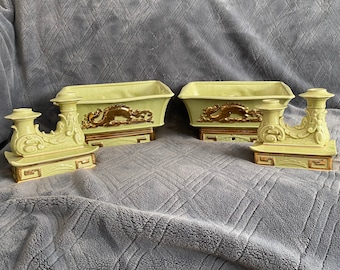 Vintage MCM Dragon Planter and Candle Holder Set, Gold Leaf Ceramic