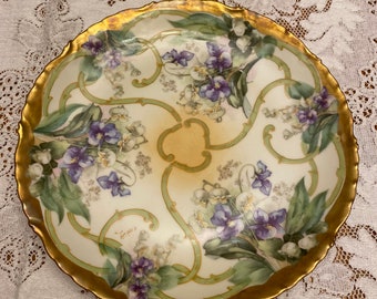 LIMOGES collectable plate Made In France Believed to be 1905 to 1930 Hand Painted Purple Violets Pansies Yellow