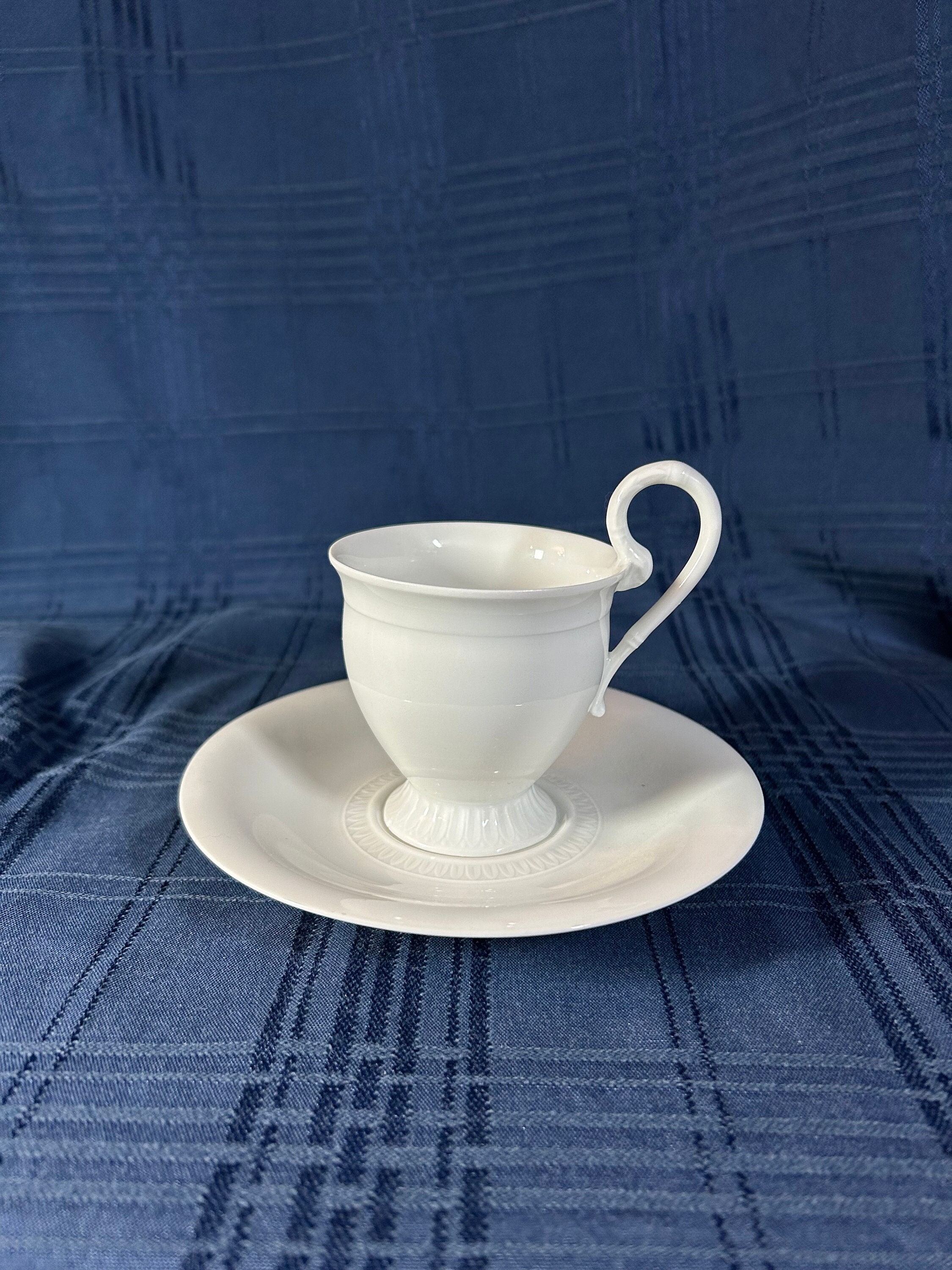 French Limoges White Ceralene Raynaud Embossed Footed Cup and Saucer Set