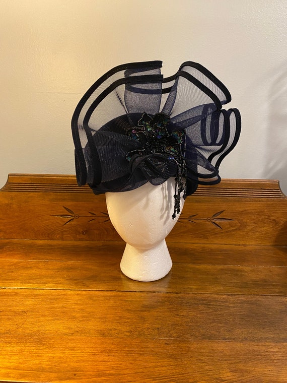 Vintage Hat Navy Blue Felted Wool with Beaded Flo… - image 1