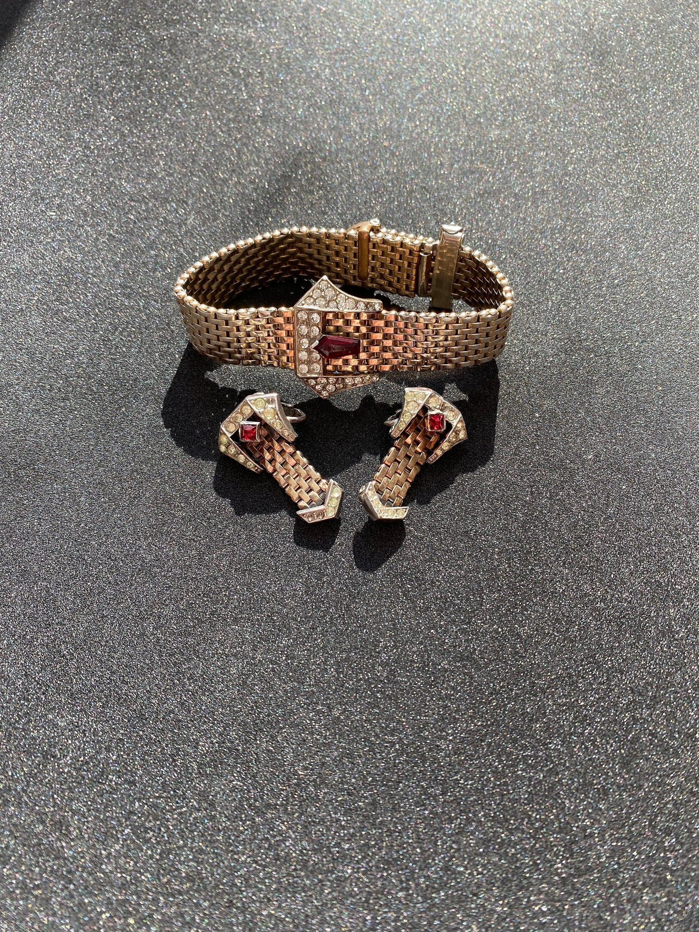 Kreisler Gold Tone Mesh Rhinestone Belt Buckle Bracelet and