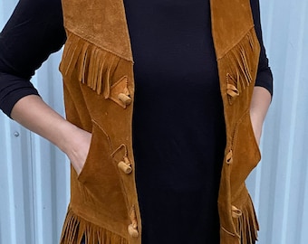Vintage Western Suede Leather Vest with Fringe