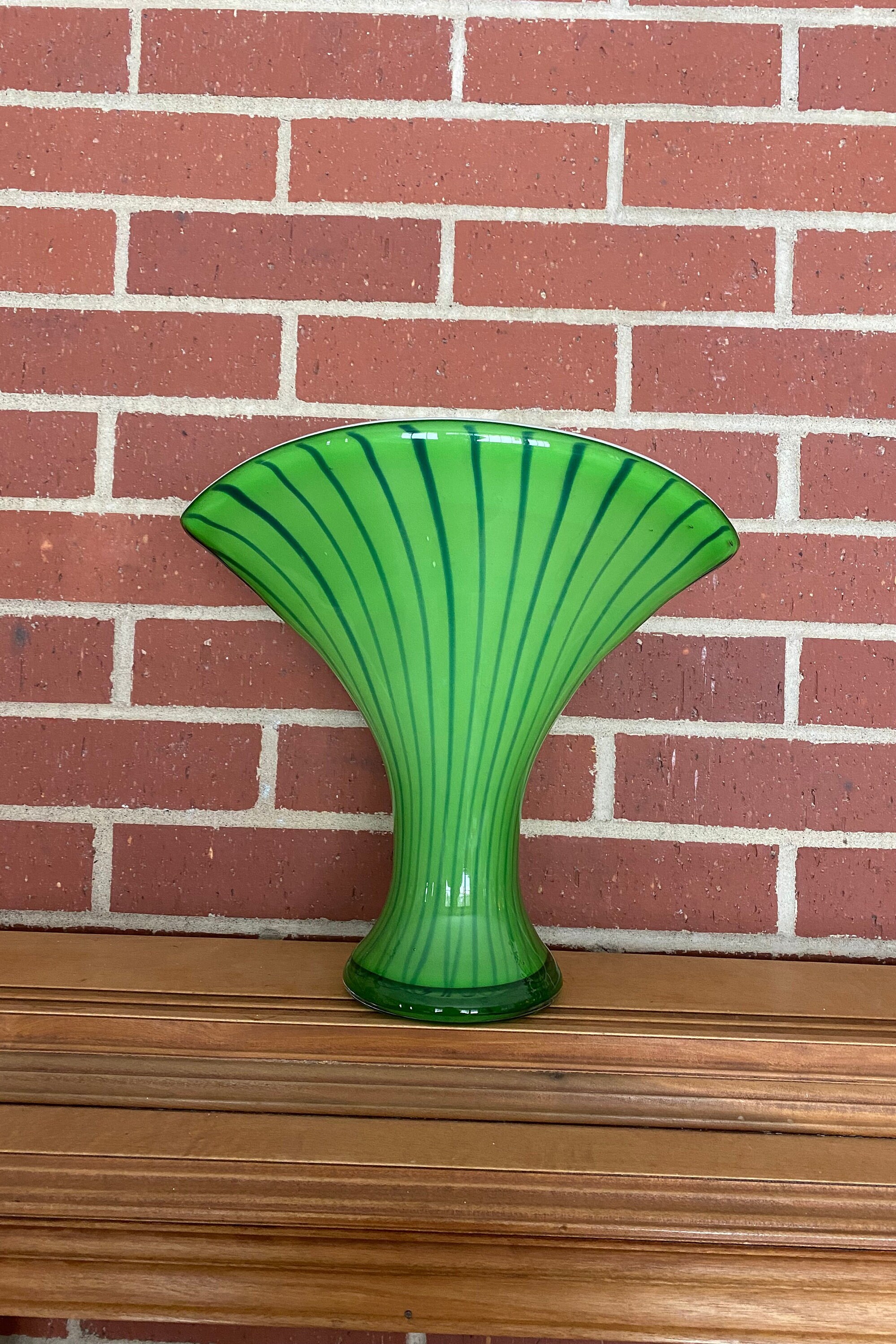Green Striped Eastern Art Glass Fan Shaped Vase With White Etsy
