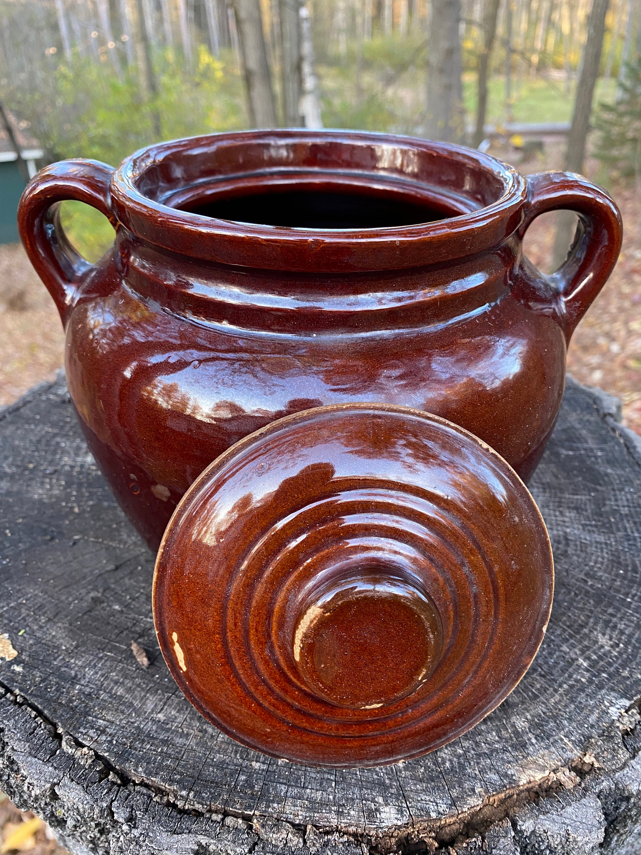 Antique Dark Brown Glazed Stoneware Baked Bean Pot Crock With Lid