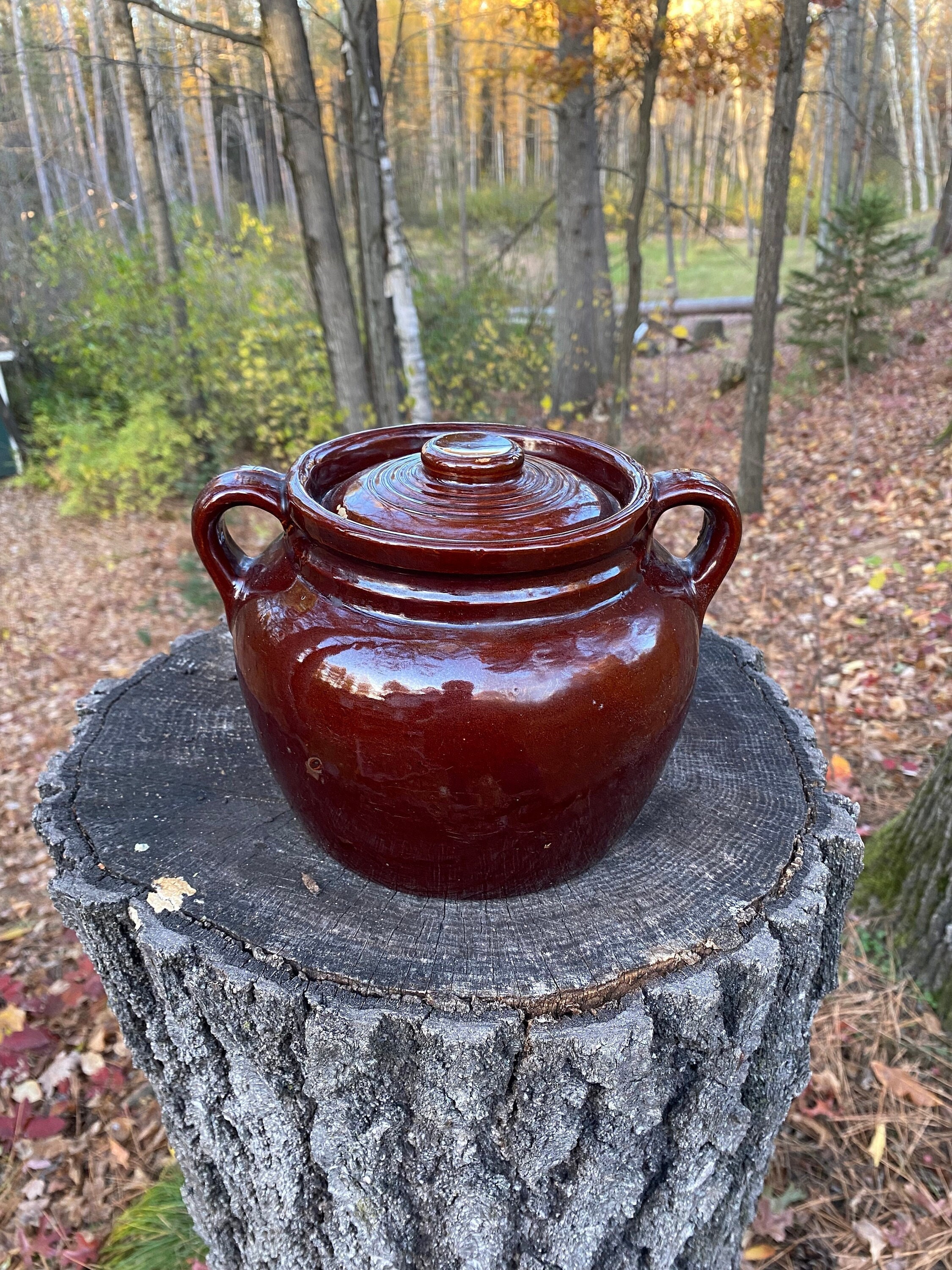 Vintage Stoneware Bean Pot Dark Brown Glazed With Lid 2 Quart