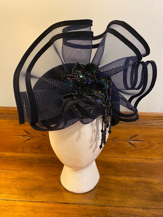 Vintage Hat Navy Blue Felted Wool with Beaded Flo… - image 2