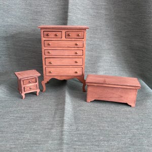 Vintage JoDot Wooden Bedroom Dollhouse Pieces Miniatures Set: Dresser, Chest, Bedstand