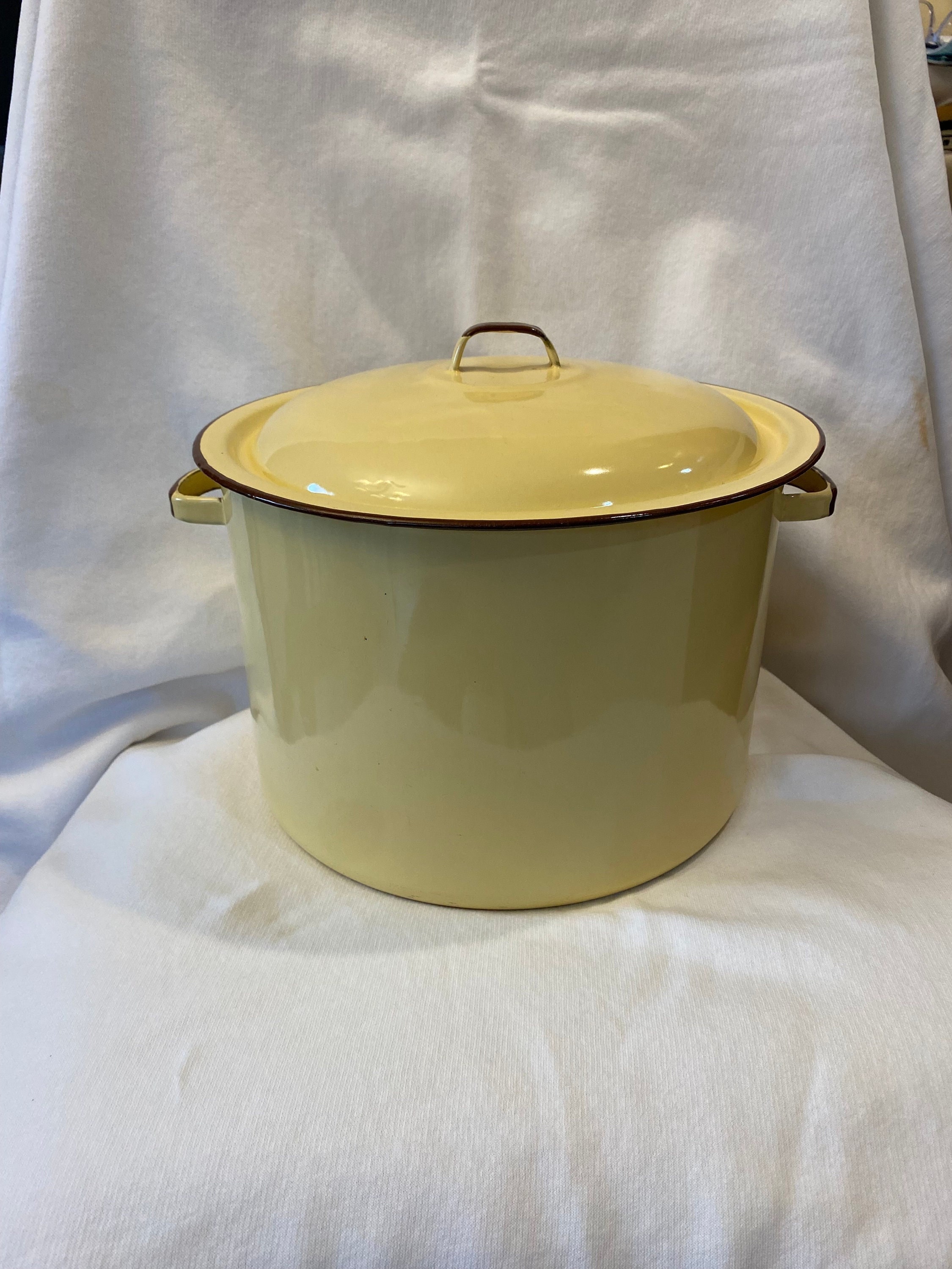 Vintage Enamelware Yellow With Brown Trim Stockpot With Side Etsy