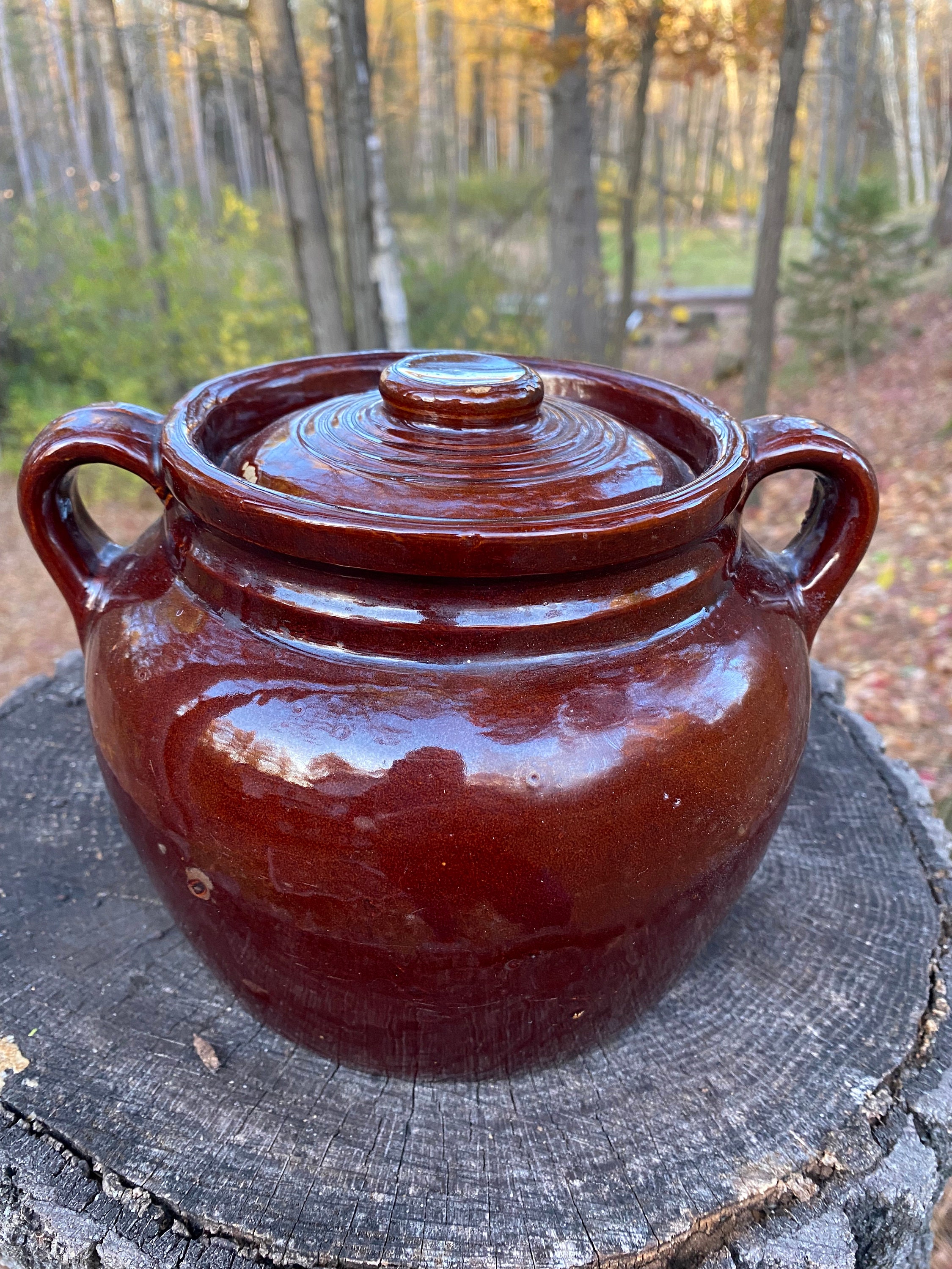 Antique Dark Brown Glazed Stoneware Baked Bean Pot Crock With Lid