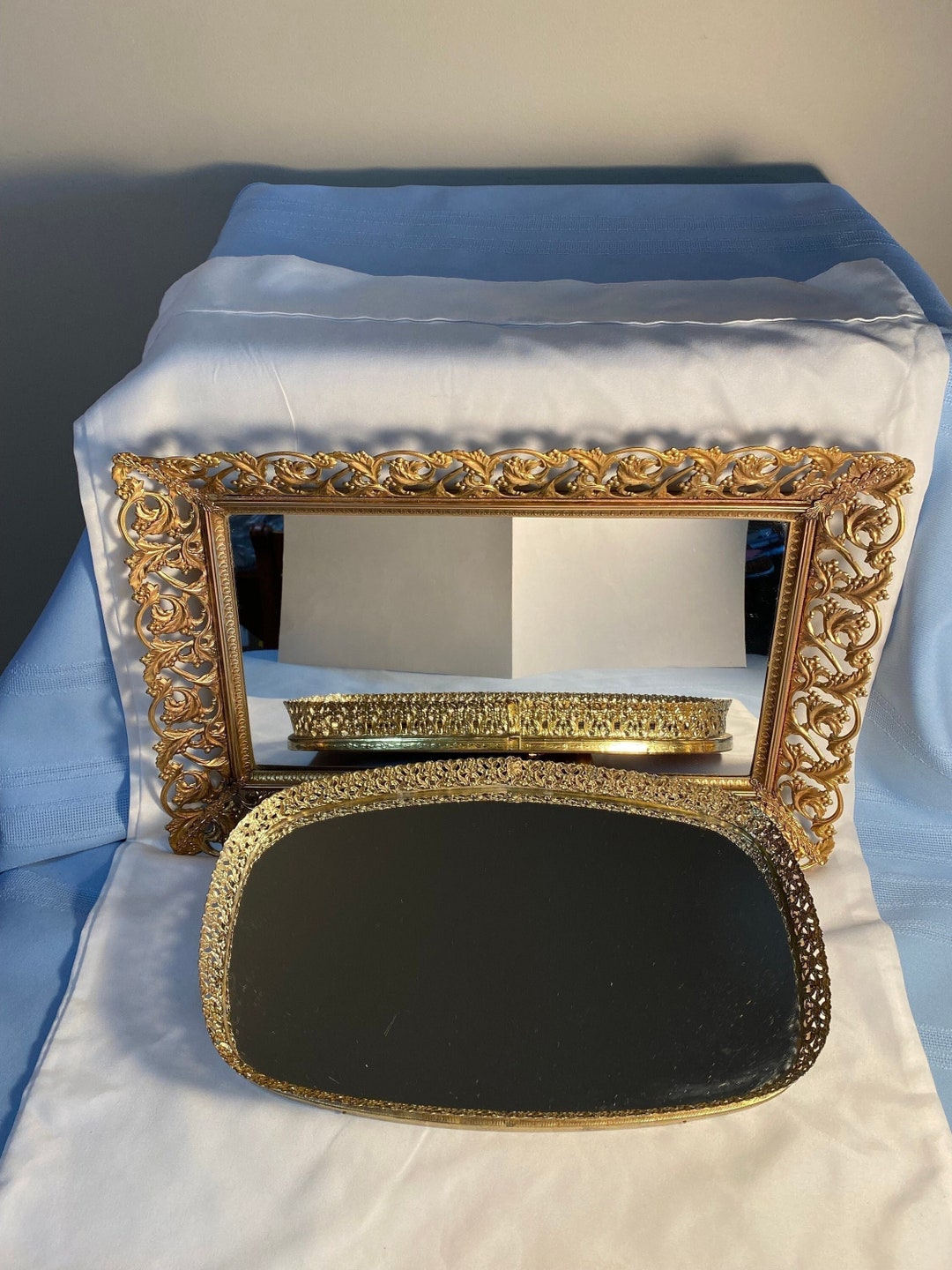 Vintage Gold Filligree Ormolu Vanity Tray With Mirror Square Etsy