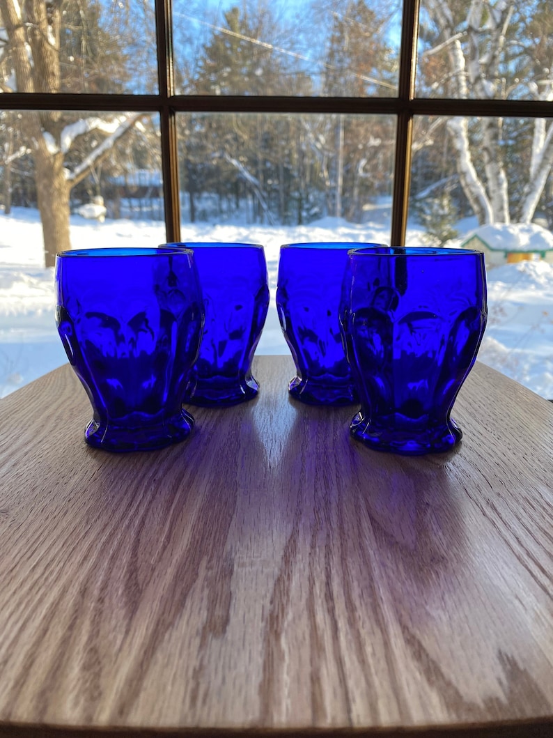 Vintage Cobalt Blue Glass Tumbler Set 8 Ounces Thumb Print Etsy