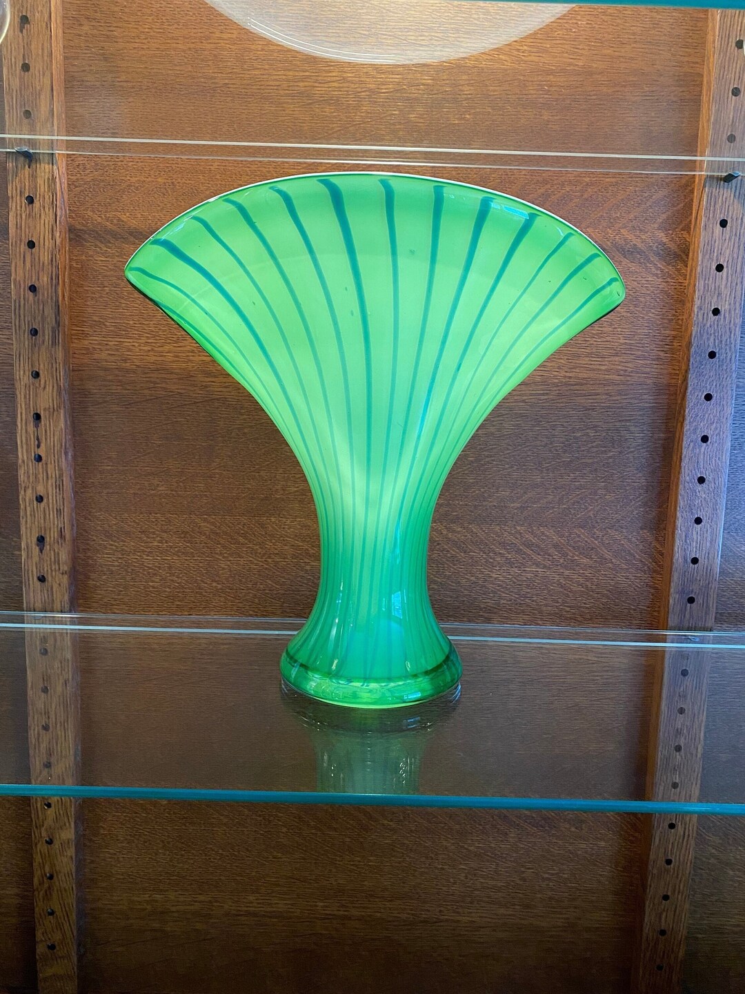 Green Striped Eastern Art Glass Fan Shaped Vase With White Etsy