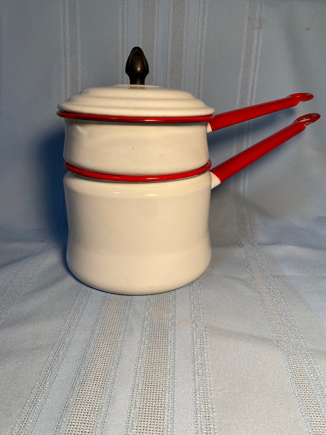 Vintage Red White Enamelware Pan, Enamel ware Double boiler, Enamel pan  set, rustic farmhouse, country kitchen, collectible enamelware, gift