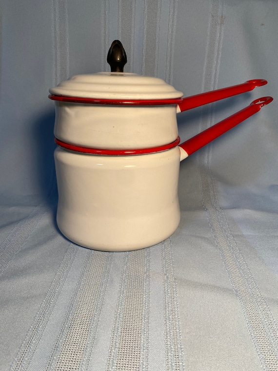 Red & White Saucepan Enamel Double Boiler Pot With Lid Vintage