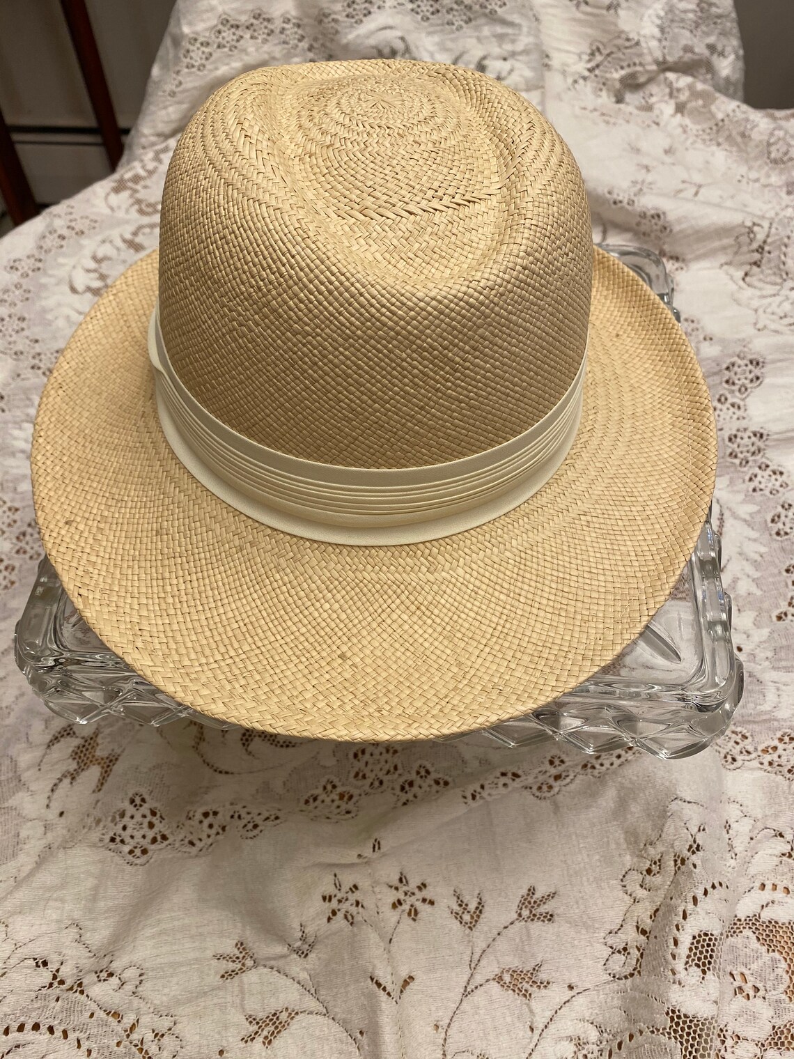 Vintage Womens Straw Hat Fedora with Cream Band Wide Brim Etsy
