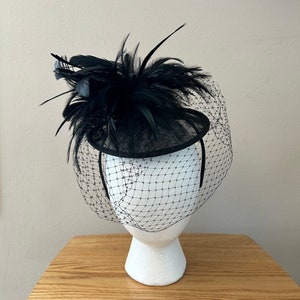 Vintage Black Feathered Veiled Fascinator Hat with Band