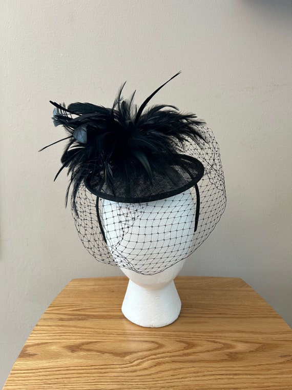 Vintage Black Feathered Veiled Fascinator Hat with