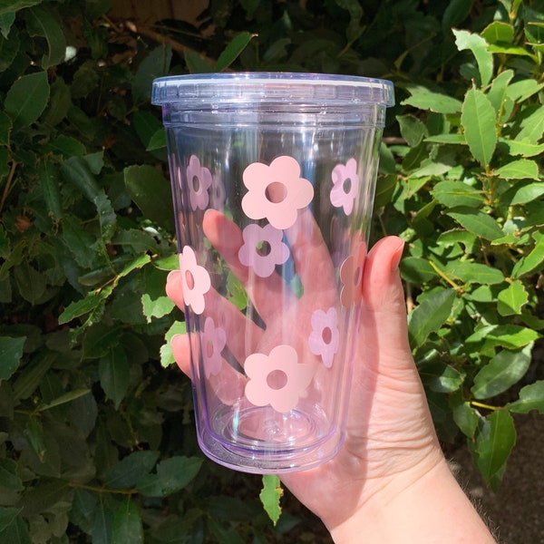 Daisy Flower Acrylic Tumbler Tasse à café glacée | Libbey Beer Soda Verre canette | Esthétique Y2K Retro Boho Groovy Custom |473ml 16oz