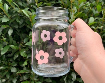 Flower Power Daisy Mason Jar Iced Coffee Cup / Libbey Beer Soda Glass Can / Aesthetic Y2K Retro Boho Groovy Custom Glassware /473ml 16oz