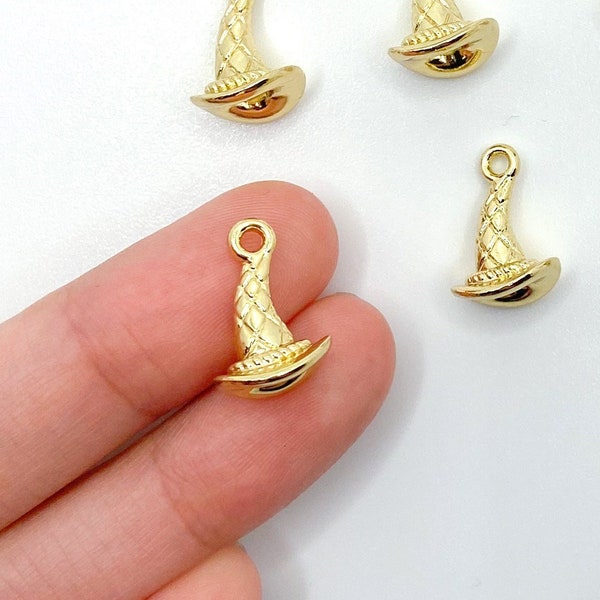 3D Witch Hat Halloween Pendant Charm, Gold Plated Alloy for Jewelry Making Charm Bracelets Necklaces Earrings DIY Jewelry / 10mmx15mm