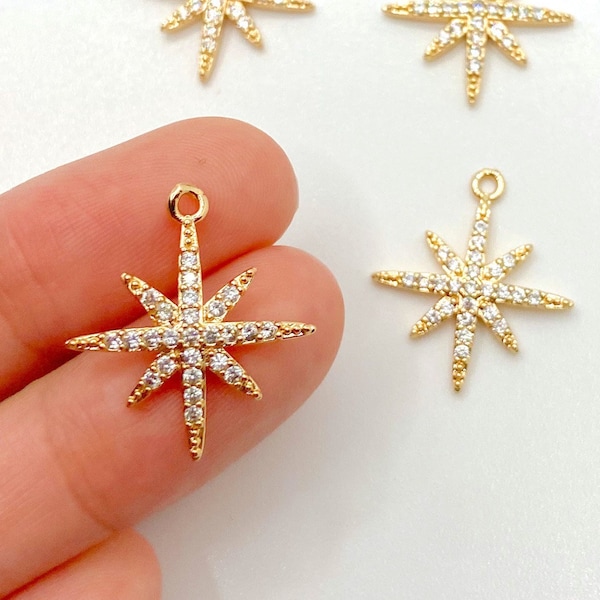 Rhinestone Snowflake Star Pendant Charm, Gold Plated Brass for Jewelry Making Charm Bracelets Necklaces Earrings DIY Jewelry BULK/ 18mmx20mm