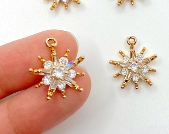 Rhinestone Snowflake Star Pendant Charm, Gold Plated Brass for Jewelry Making Charm Bracelets Necklaces Earrings DIY Jewelry BULK/ 15mm