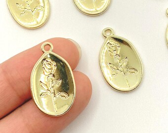 Engraved Rose Pendant Charm, 14k Gold Plated Alloy for Jewelry Making Charm Bracelets Necklaces Earrings DIY Jewelry BULK/ 13mmx21mm