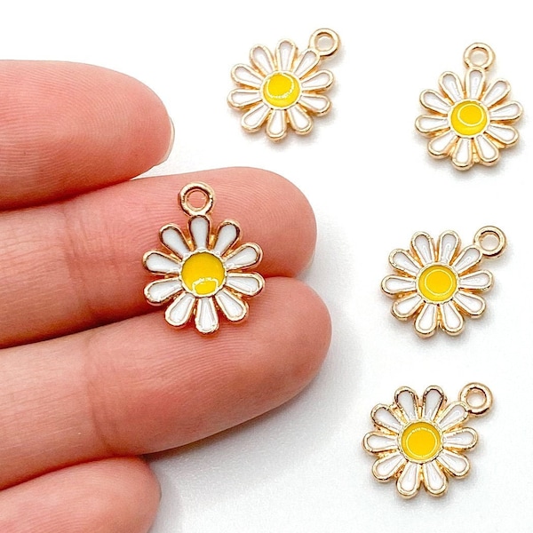 White Dainty Daisy Flower Charm 17mm x 15mm, Enameled Gold Plated Charm for Jewelry Making ,Pendant Necklace Bracelet DIY BULK Wholesale