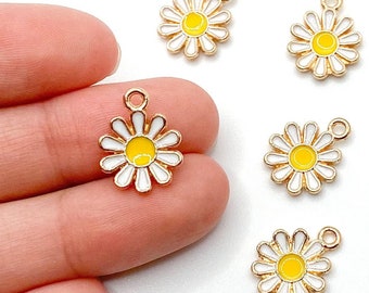 White Dainty Daisy Flower Charm 17mm x 15mm, Enameled Gold Plated Charm for Jewelry Making ,Pendant Necklace Bracelet DIY BULK Wholesale