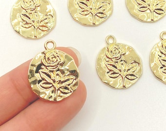 Gold Plated Rose Fossil Pendant Charm, 14k Gold Plated Alloy for Jewelry Making Charm Bracelets Necklaces Earrings Jewelry DIY / 18mm