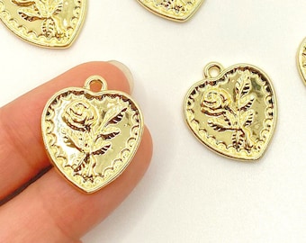 Heart Rose Fossil Pendant Charm, 14k Gold Plated Alloy for Jewelry Making Charm Bracelets Necklaces Earrings DIY Jewelry BULK/ 18mmx21mm