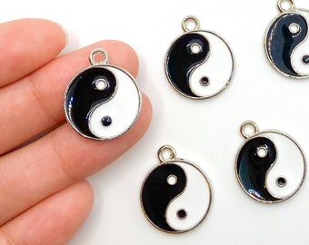 Silver Enameled Yin Yang Charm, Alloy SIlver Plated Charm for Jewelry Making Charm Bracelets Necklace Earrings DIY Jewelry, BULK