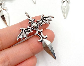 Fairytale Silver Sword Charm, Silver Knife Enchanted Charm for Jewelry, Charm Pendant Bracelet DIY Y2K Jewelry Findings Wholesale, 45mmx38mm