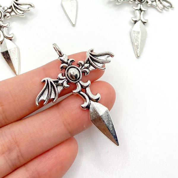 Fairytale Silver Sword Charm, Silver Knife Enchanted Charm for Jewelry, Charm Pendant Bracelet DIY Y2K Jewelry Findings Wholesale, 45mmx38mm