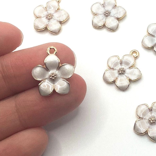 White Enameled Flower Charm 17mm x 15mm, Alloy Gold Plated Flower Charm for Jewelry, Charm Pendant Necklace Bracelet Jewelry DIY BULK