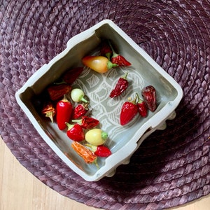 May include: A white ceramic bowl with a decorative pattern and a variety of red and orange peppers, along with some white and green peppers.