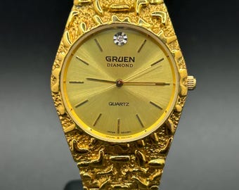 Vintage Gruen Diamond Quartz Men’s Gold Tone Nugget Style 1990s 35mm Watch Japan Movement