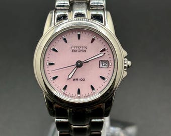 Vintage Citizen Eco-Drive Pink Dial With Stainless Steel Bracelet and Date Window Women’s Solar Watch