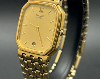 Vintage Seiko 5P39-5B49 Gold Tone Tank Style Roman Numeral Men’s Retro Quartz 27mm Watch
