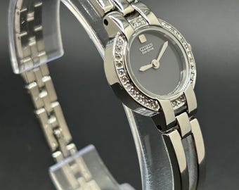 Vintage Citizen Silver Tone Bracelet with Crystal Bezel Elegant Women’s Eco-drive Dress Watch