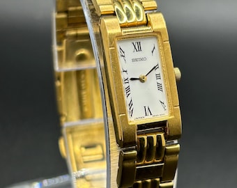 Vintage Dainty Seiko 2E20-7340 Women’s Tank Style Gold-Tone Quartz Dress Watch