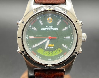 Vintage Timex Expedition Men’s Green Dial Dual Analog Digital Display Indiglo Alarm Silver Tone Quartz Watch 41mm