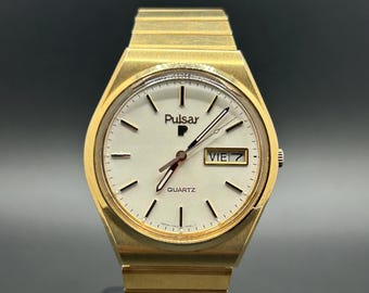 Vintage Pulsar By Seiko Y563-8129 Gold Tone Day Date Men’s Quartz Watch