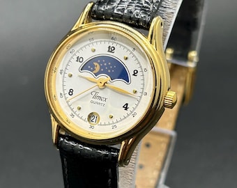 Vintage Timex Women’s Moonphase Sun & Moon Celestial Gold Tone Date Retro Dress Watch