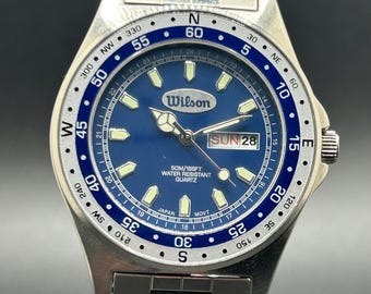 Vintage Wilson Men’s Quartz Watch With Blue Dial Day Date, Stainless Steel Sports Watch