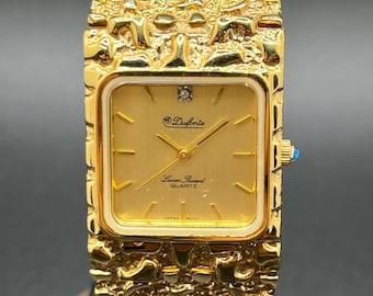 Vintage Dufonte by Lucien Piccard  Gold Tone Nugget Style 27mm Blue Crown Crystal Marker Quartz Men’s Dress Watch