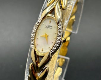 Vintage Citizen Elegance  Gold Tone Leaf Bracelet Mother of Pearl Dial Sparkling Stone Bezel Women’s Dress Watch