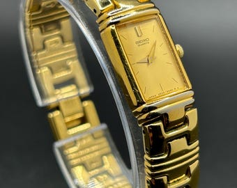 Vintage Seiko 2E20-6949 Gold Tone Rectangular Dress Jewelry Style