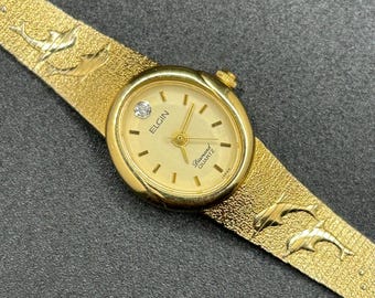 Vintage Dainty Elgin Diamond EK152-007 Gold Tone With Dolphin Motif Women’s Dress Quartz Watch Retro Japan